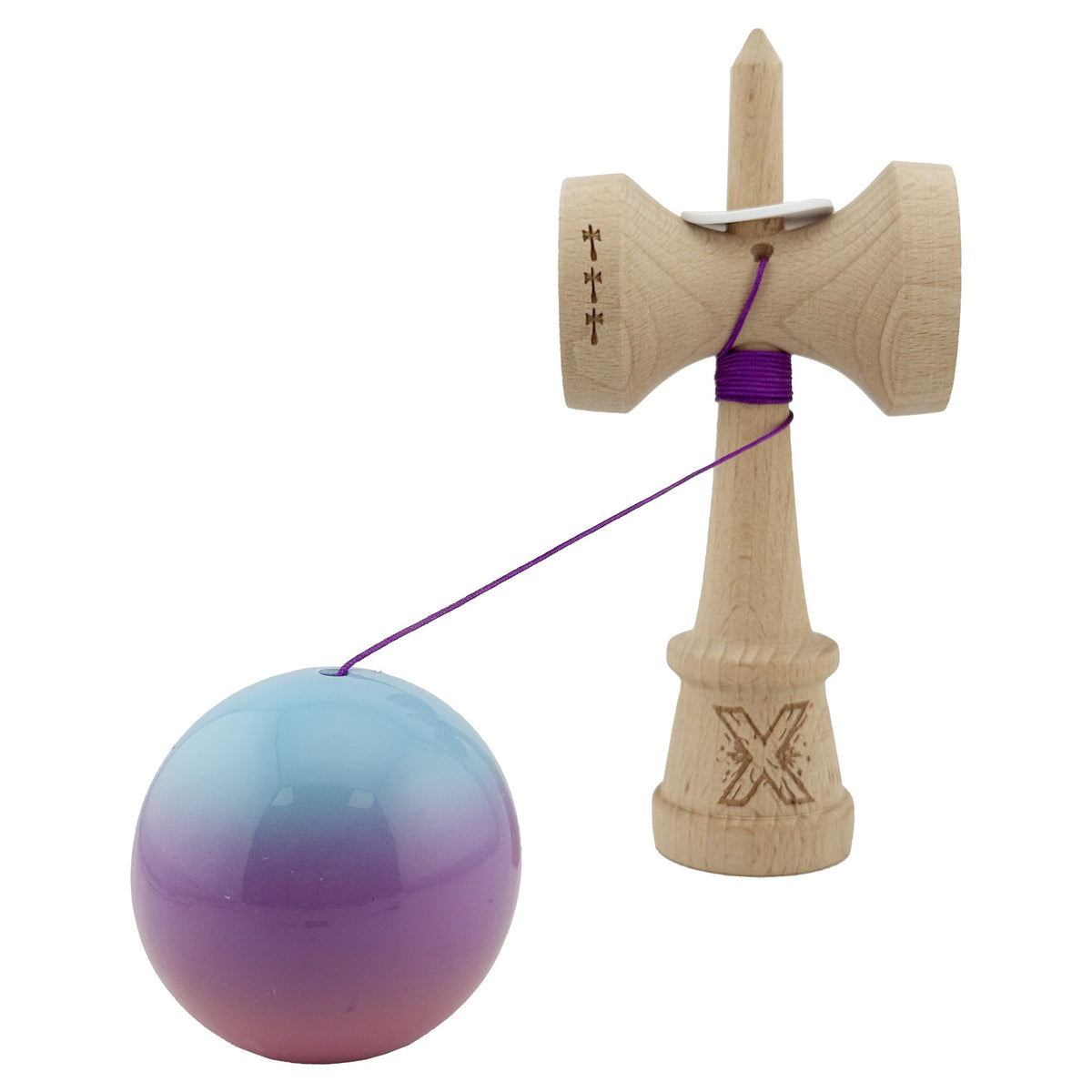 Kendama X Originala, Model V3 Albastru / Mov / Roz in Degrade, Profesionala, Cupe Mari King Size, Super Sticky, Gaura in Baza, Rulment, Ata 62cm