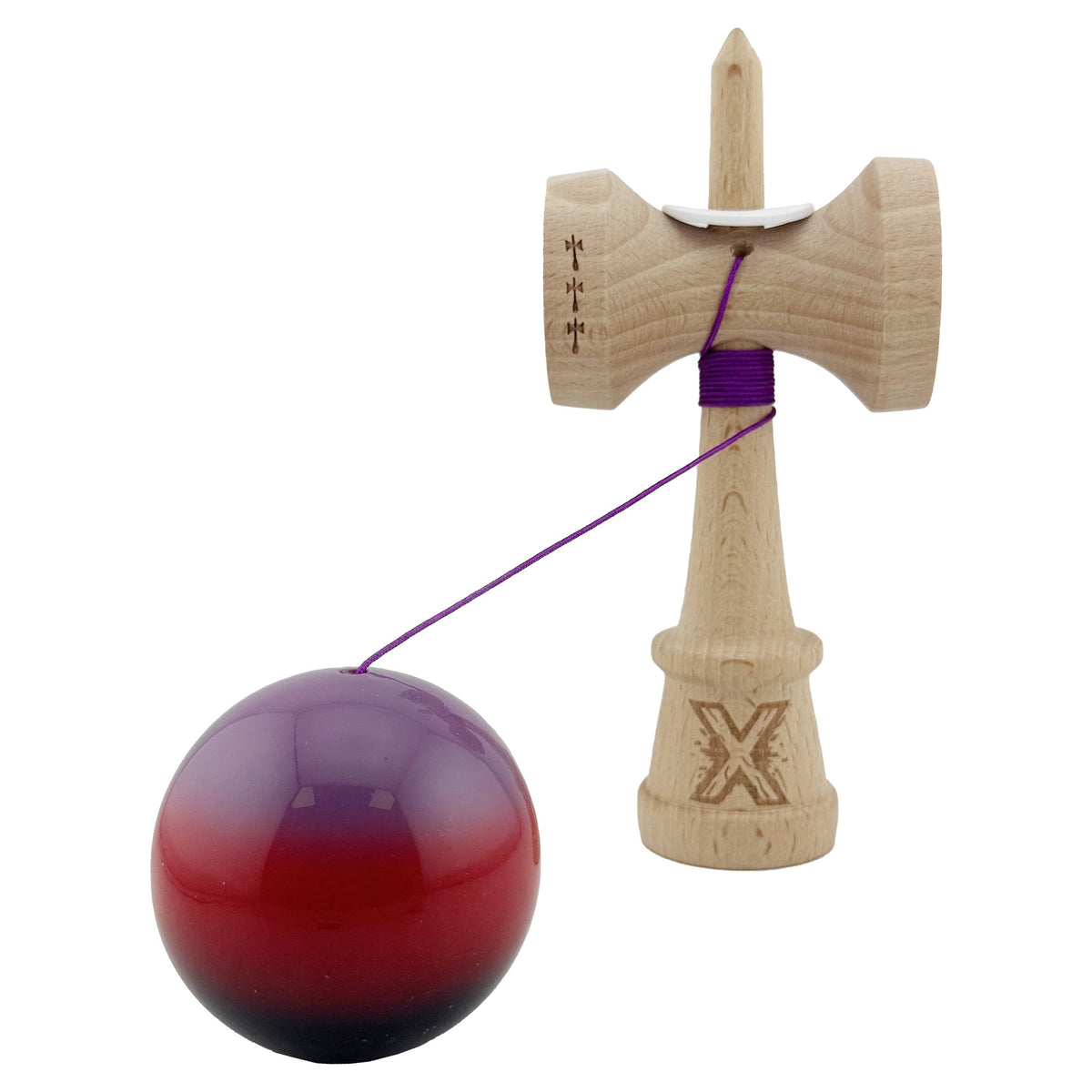 Kendama X Originala, Model V3 Mov / Rosu / Negru in Degrade, Profesionala, Cupe Mari King Size, Super Sticky, Gaura in Baza, Rulment, Ata 62cm