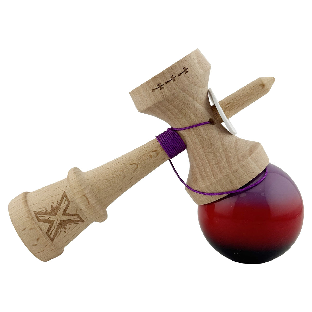 Kendama X Originala, Model V3 Mov / Rosu / Negru in Degrade, Profesionala, Cupe Mari King Size, Super Sticky, Gaura in Baza, Rulment, Ata 62cm