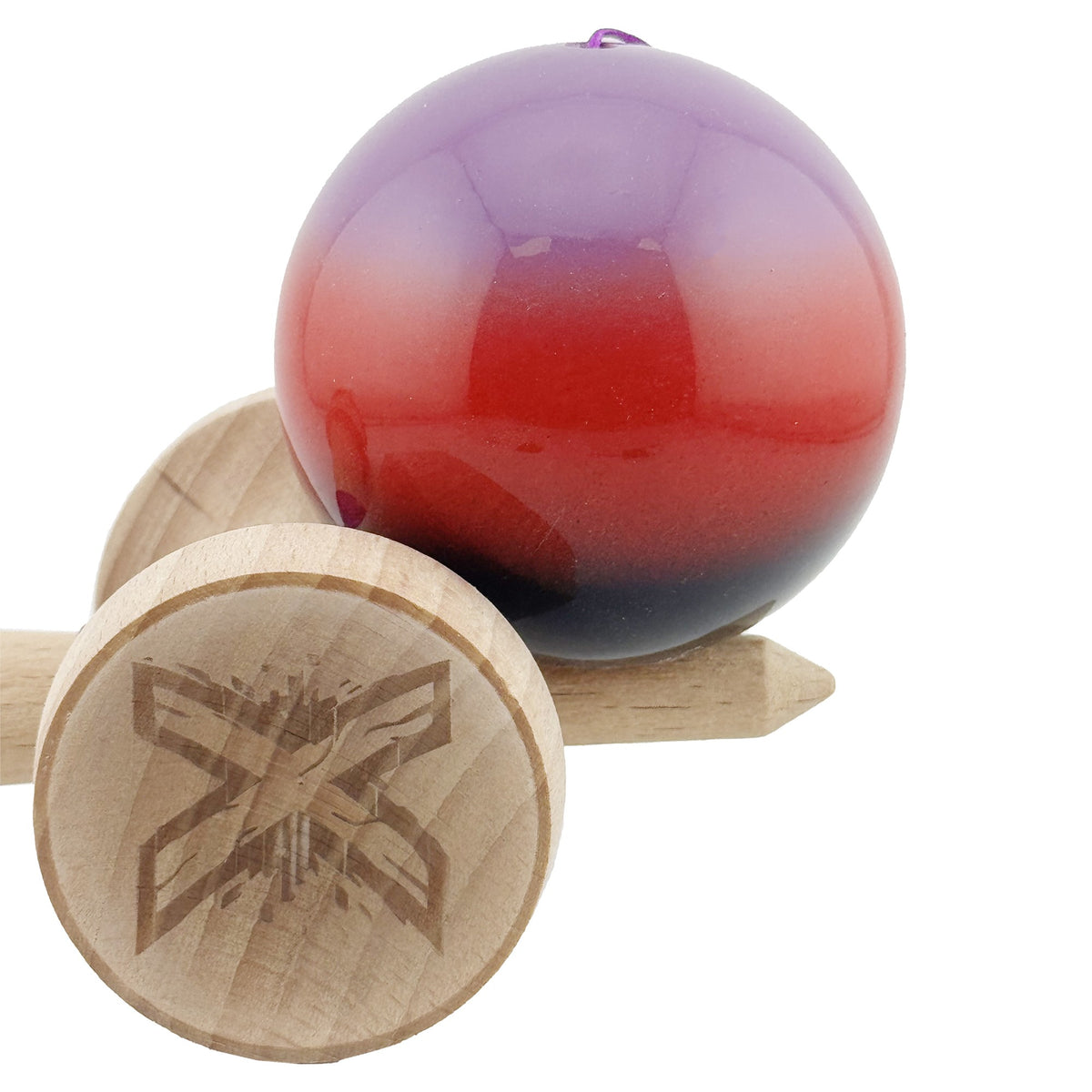 Kendama X Originala, Model V3 Mov / Rosu / Negru in Degrade, Profesionala, Cupe Mari King Size, Super Sticky, Gaura in Baza, Rulment, Ata 62cm