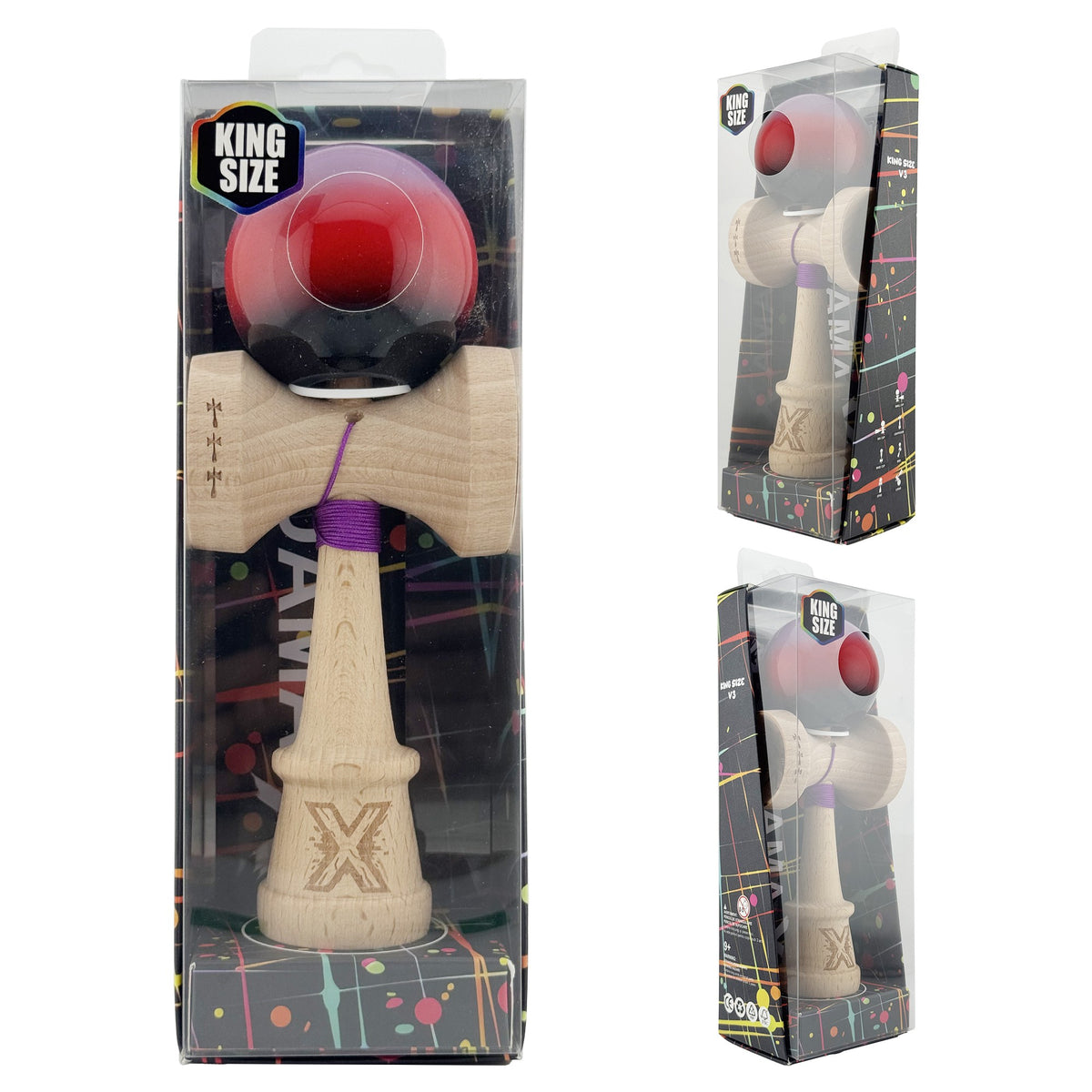Kendama X Originala, Model V3 Mov / Rosu / Negru in Degrade, Profesionala, Cupe Mari King Size, Super Sticky, Gaura in Baza, Rulment, Ata 62cm
