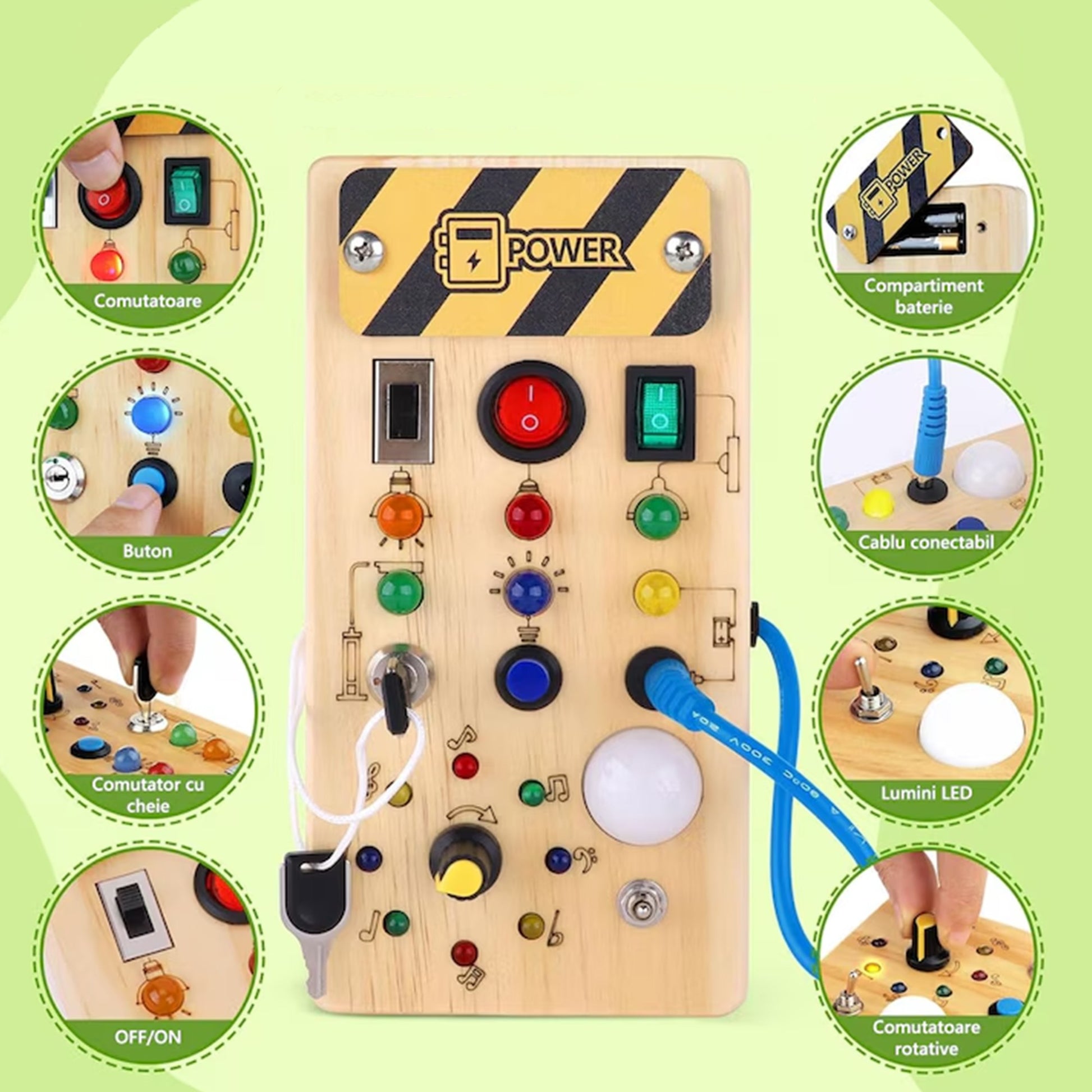 Jucarie Educativa Montessori, Busy Board cu Circuit Luminos si Lumini LED, Tableta Interactiva pentru Motricitate Fina, Lemn Natural, 36 Comutatoare, 19.5 x 9.7 x 3 cm
