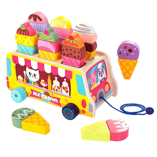 Jucarie Educativa Montessori, Camion De Inghetata Cu Sortator Forme Si Piese Magnetice, Lemn, 27 Piese, 22 x 11 x 12 cm, 3+ Ani, Multicolor