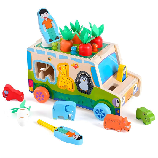 Jucarie Educativa Montessori, Masinuta Multifunctionala 6 in 1 cu Sortator Forme si Joc Magnetic, Lemn, 1-3 Ani, 23.7 x 17.5 x 12 cm, Multicolor