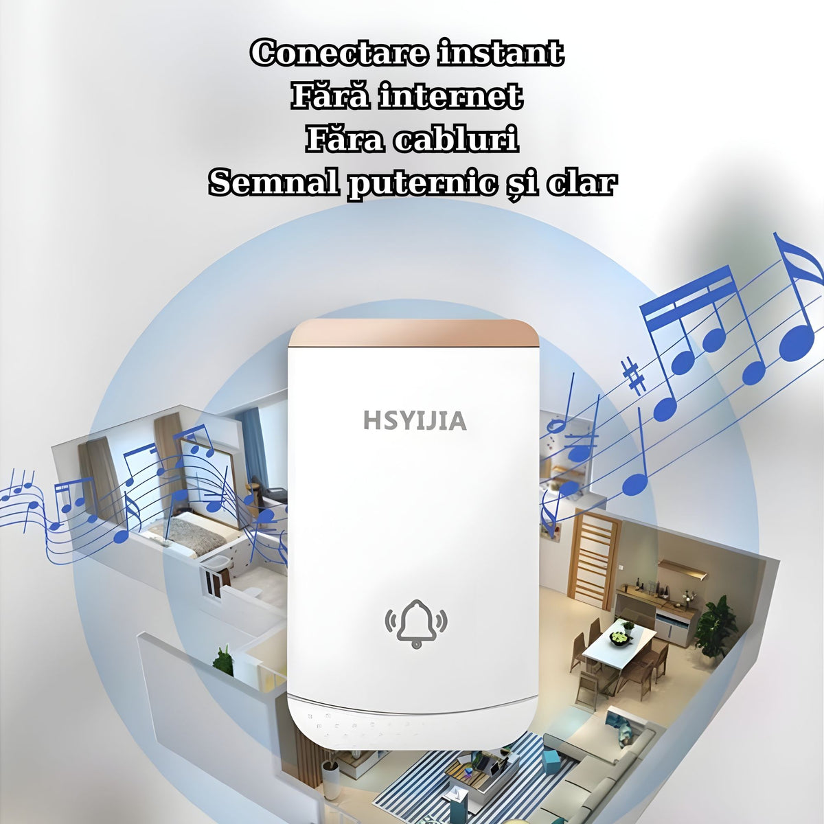Sonerie Wireless Fara Fir, Kit cu 2 Receptoare si 1 Transmitator, Raza 260 m, Protectie IP44, 38 Melodii, 4 Niveluri Volum, 85 dB, Alb/Auriu Lucios