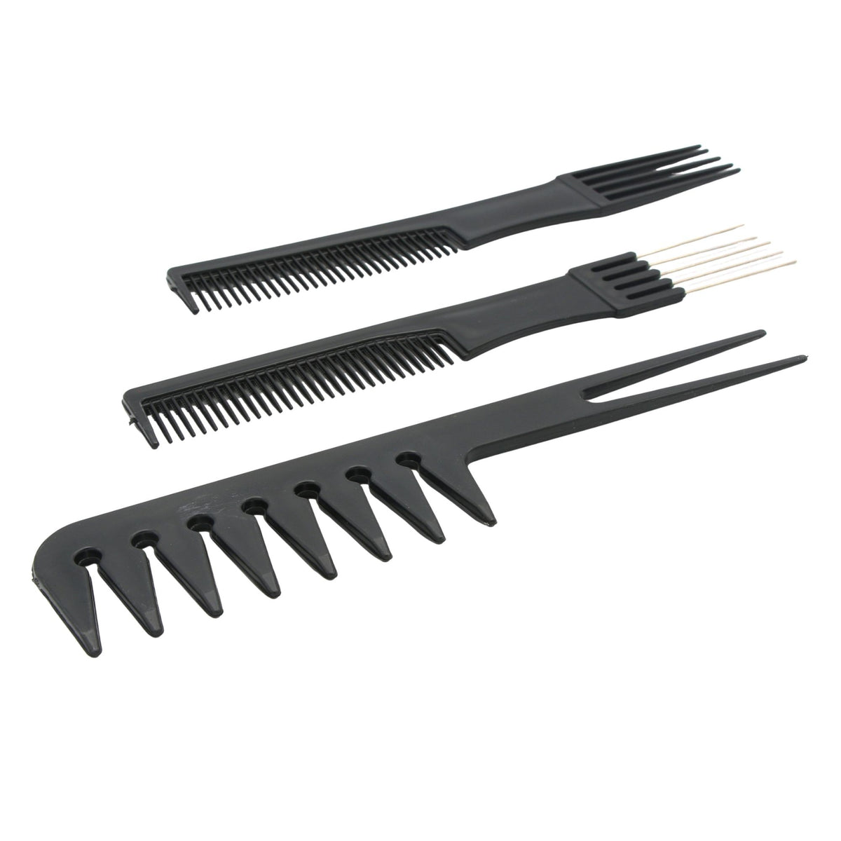 Set Piepteni Profesionali Pentru Coafat si Styling, Rezistenti la Caldura, Polipropilena si Otel Inoxidabil, 18.5–22 cm, Negru, 10 Bucati