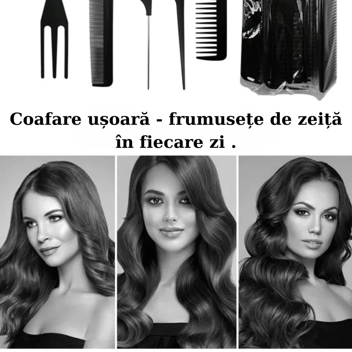 Set Piepteni Profesionali Pentru Coafat si Styling, Rezistenti la Caldura, Polipropilena si Otel Inoxidabil, 18.5–22 cm, Negru, 10 Bucati