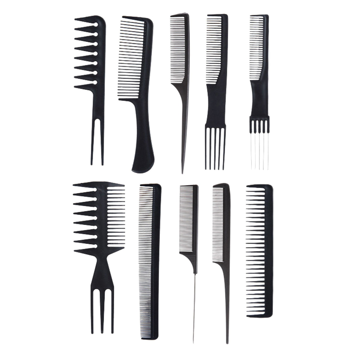 Set Piepteni Profesionali Pentru Coafat si Styling, Rezistenti la Caldura, Polipropilena si Otel Inoxidabil, 18.5–22 cm, Negru, 10 Bucati