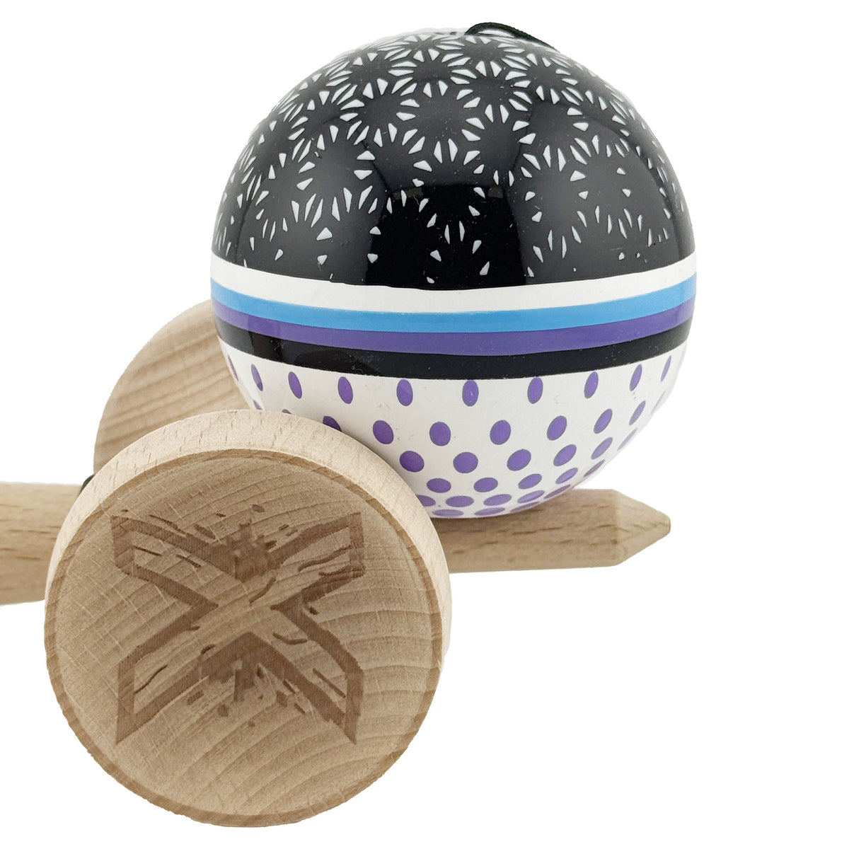 Kendama X Raindrops Originala, Model V3 Alb / Negru / Mov, Profesionala, Cupe Mari King Size, Super Sticky, Gaura in Baza, Rulment, Ata 62cm