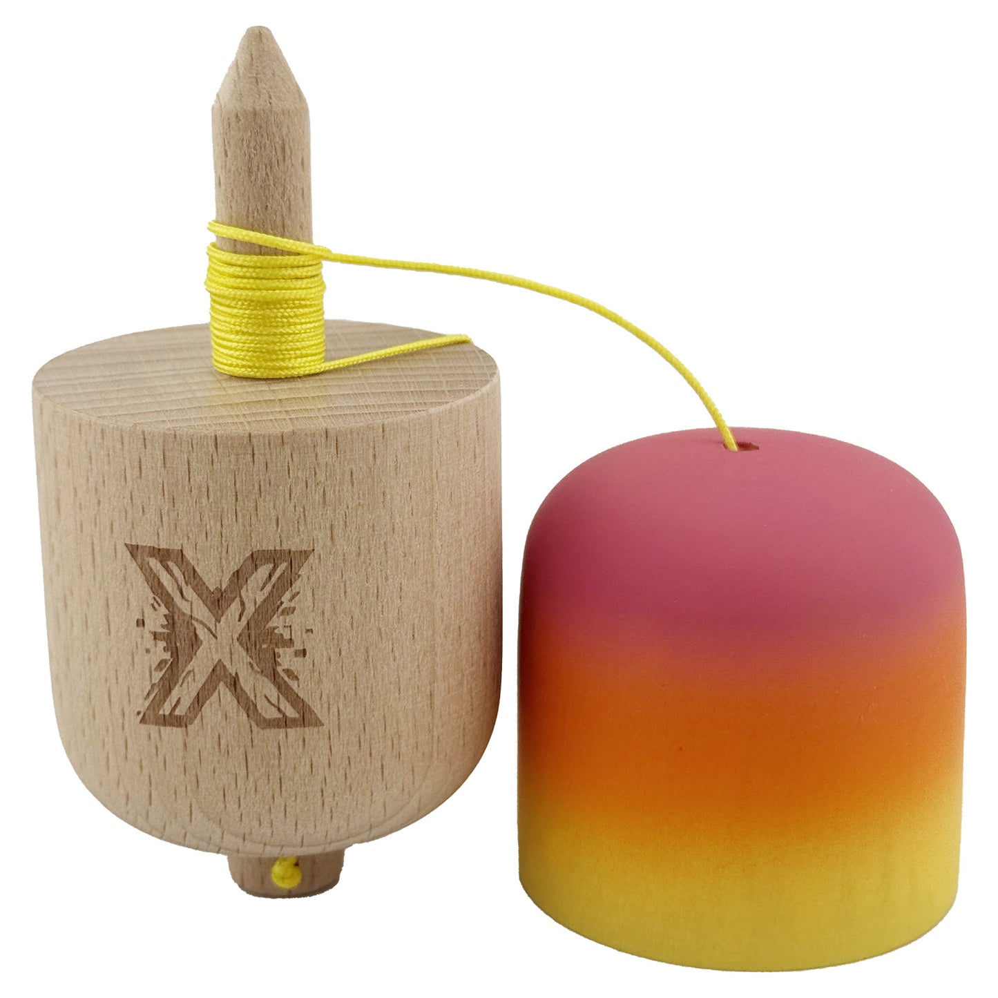 Kendama Pill X Profesionala, Joc de Indemanare Tip Pilula, Invelis Rubber Grip, Lemn, 11 x 5 x 5 cm, Gradient Roz/Portocaliu/Galben