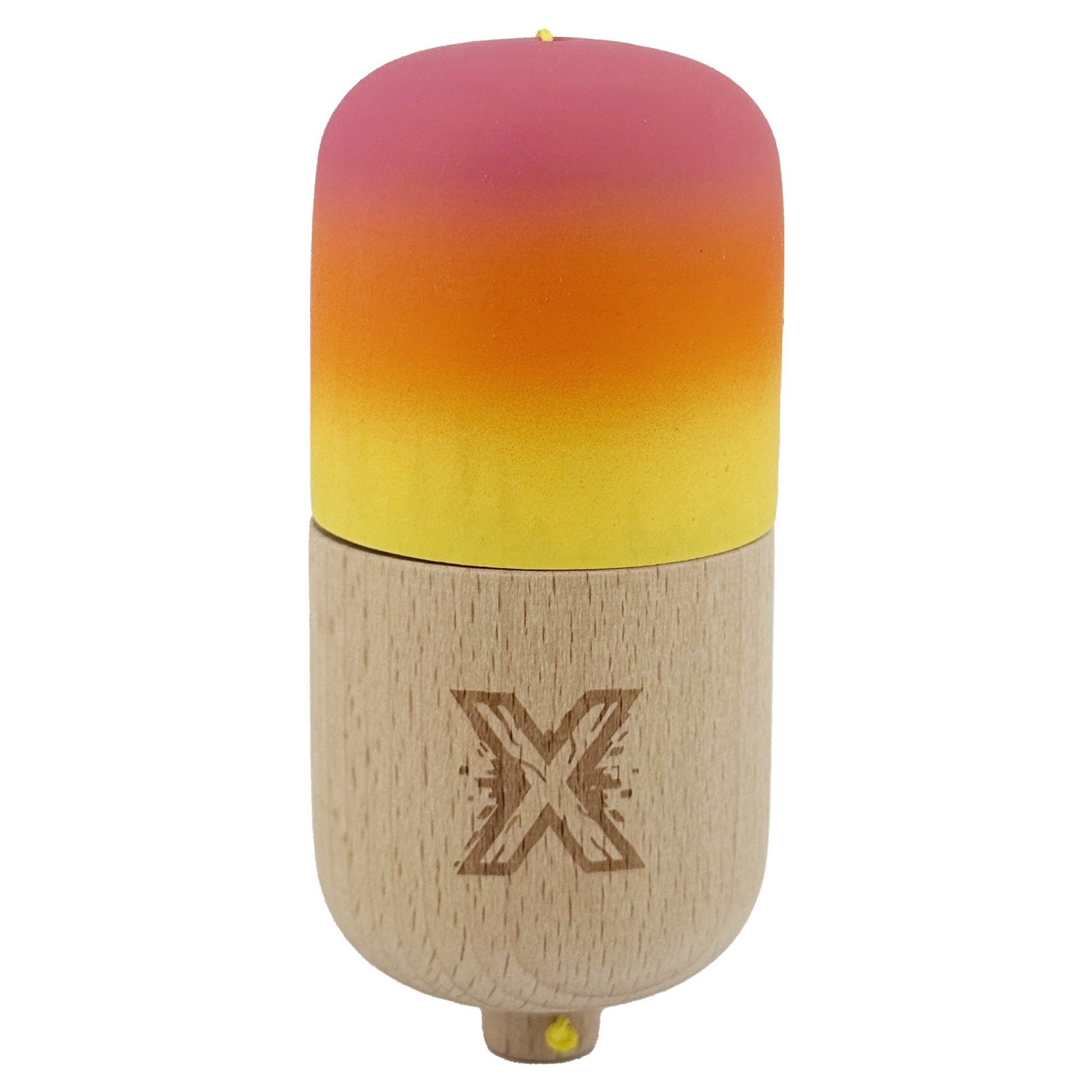 Kendama Pill X Profesionala, Joc de Indemanare Tip Pilula, Invelis Rubber Grip, Lemn, 11 x 5 x 5 cm, Gradient Roz/Portocaliu/Galben