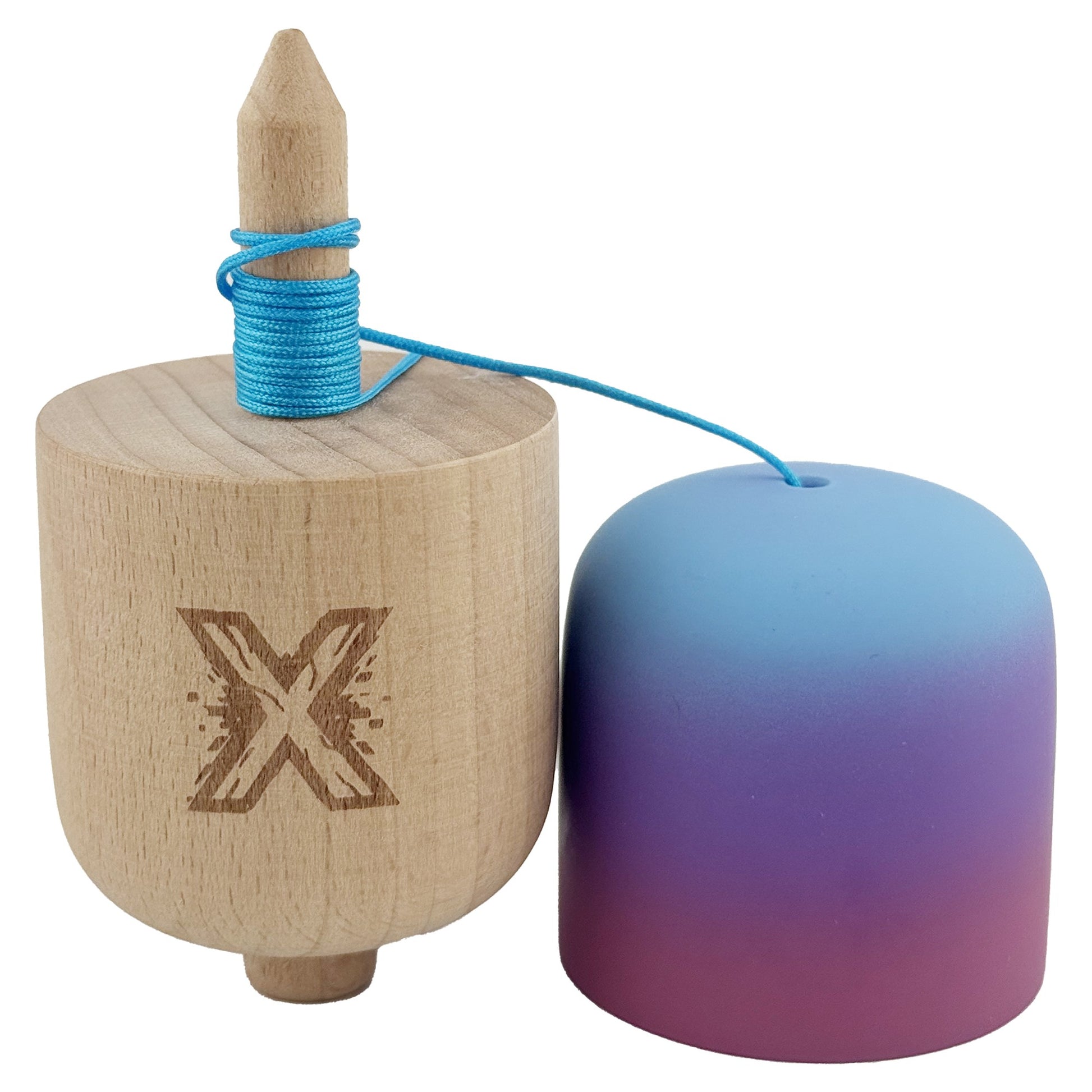 Kendama Pill X Profesionala, Joc de Indemanare Tip Pilula, Invelis Rubber Grip, Lemn, 11 x 5 cm, Gradient Albastru Deschis si Rosu
