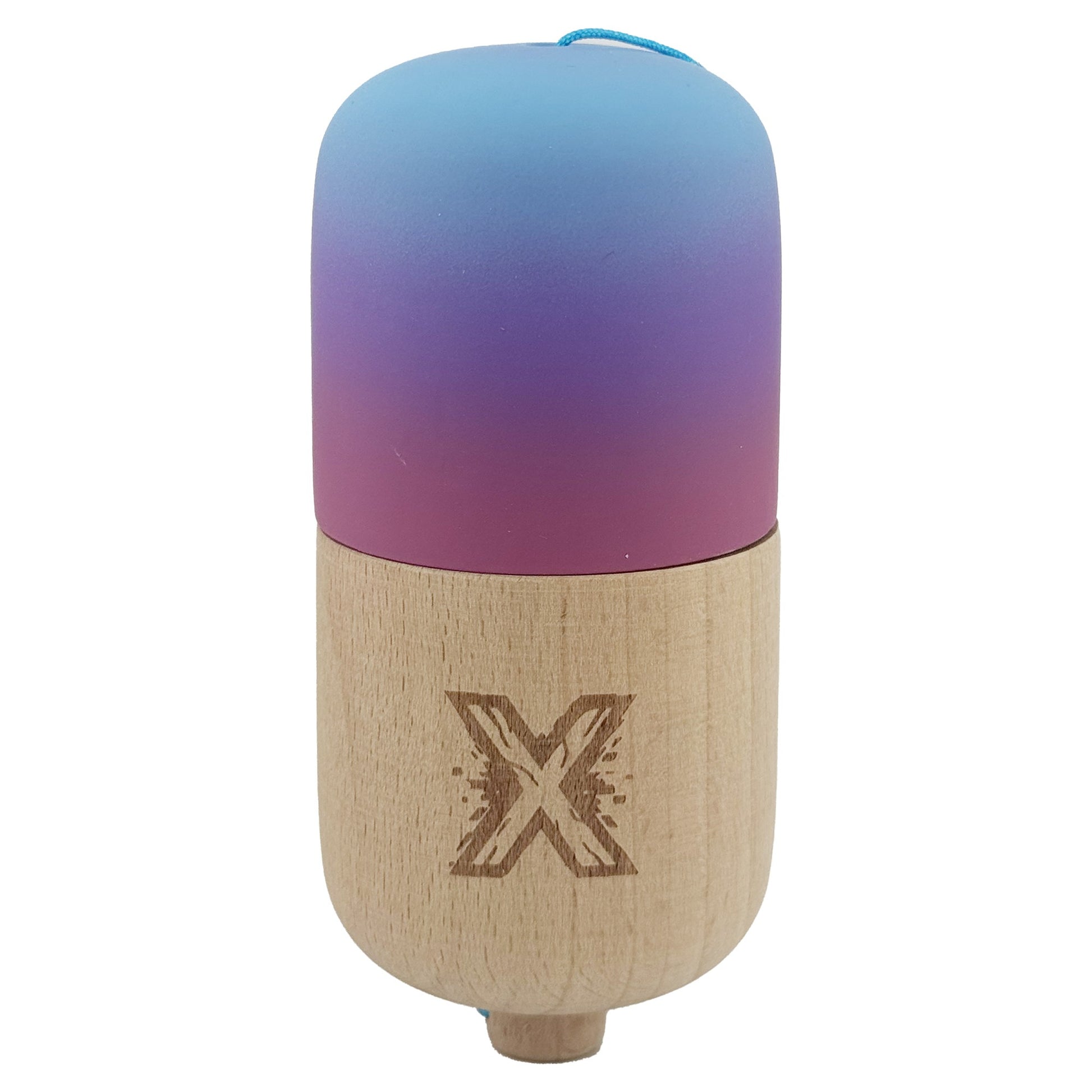 Kendama Pill X Profesionala, Joc de Indemanare Tip Pilula, Invelis Rubber Grip, Lemn, 11 x 5 cm, Gradient Albastru Deschis si Rosu