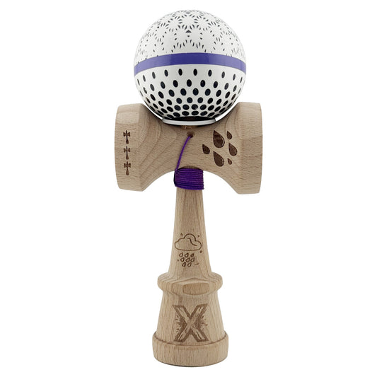Kendama X Raindrops Originala, Model V3 Alb / Albastru, Profesionala, Cupe Mari King Size, Super Sticky, Gaura in Baza, Rulment, Ata 62cm