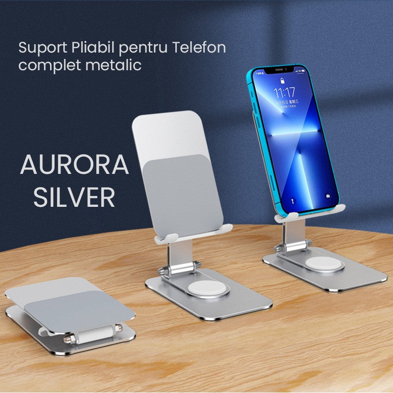 Suport Telefon si Tableta, Stativ Pliabil pentru Birou si Streaming, Reglabil, Aliaj de Aluminiu, 14.6 x 11.5 x 7 cm, Aurora Silver