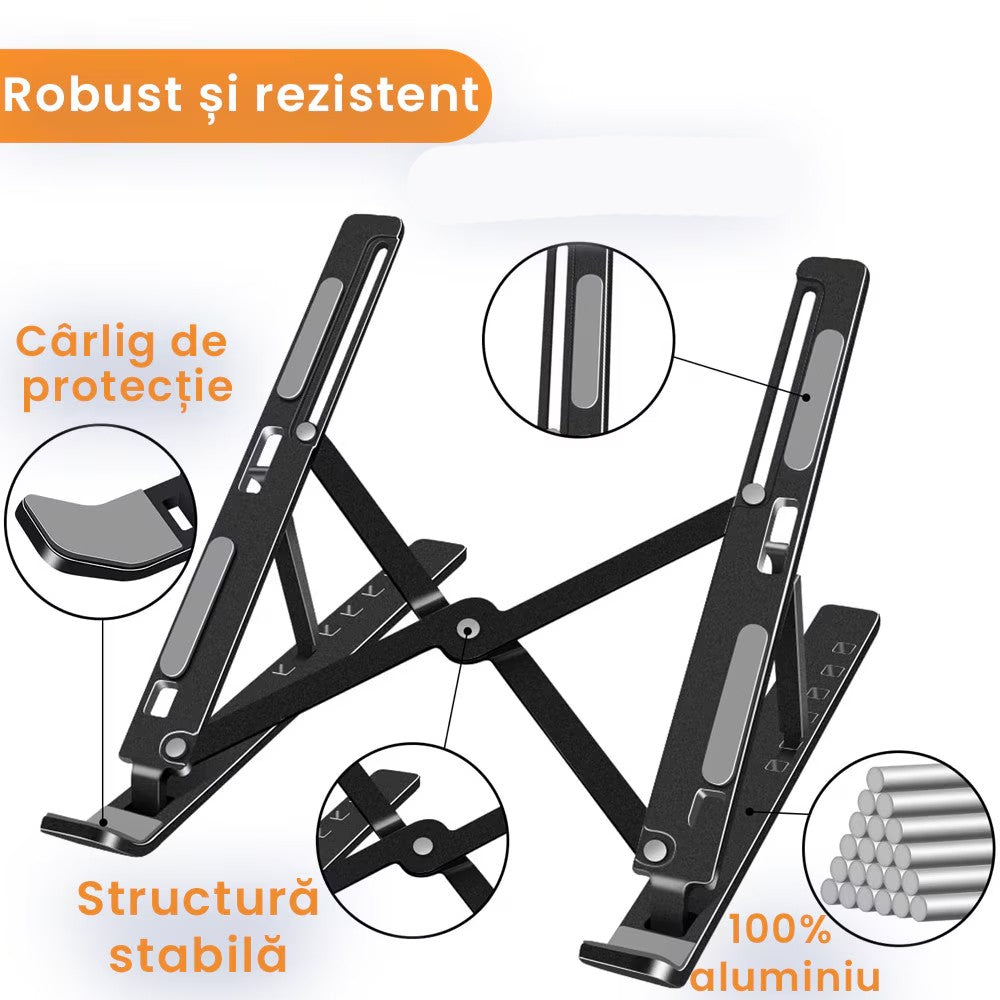 Suport Laptop si Tableta, Design Pliabil si Portabil, Inaltime Reglabila, Structura Suspendata pentru Ventilare, Aliaj si ABS, 26 x 19 x 16 cm, Negru