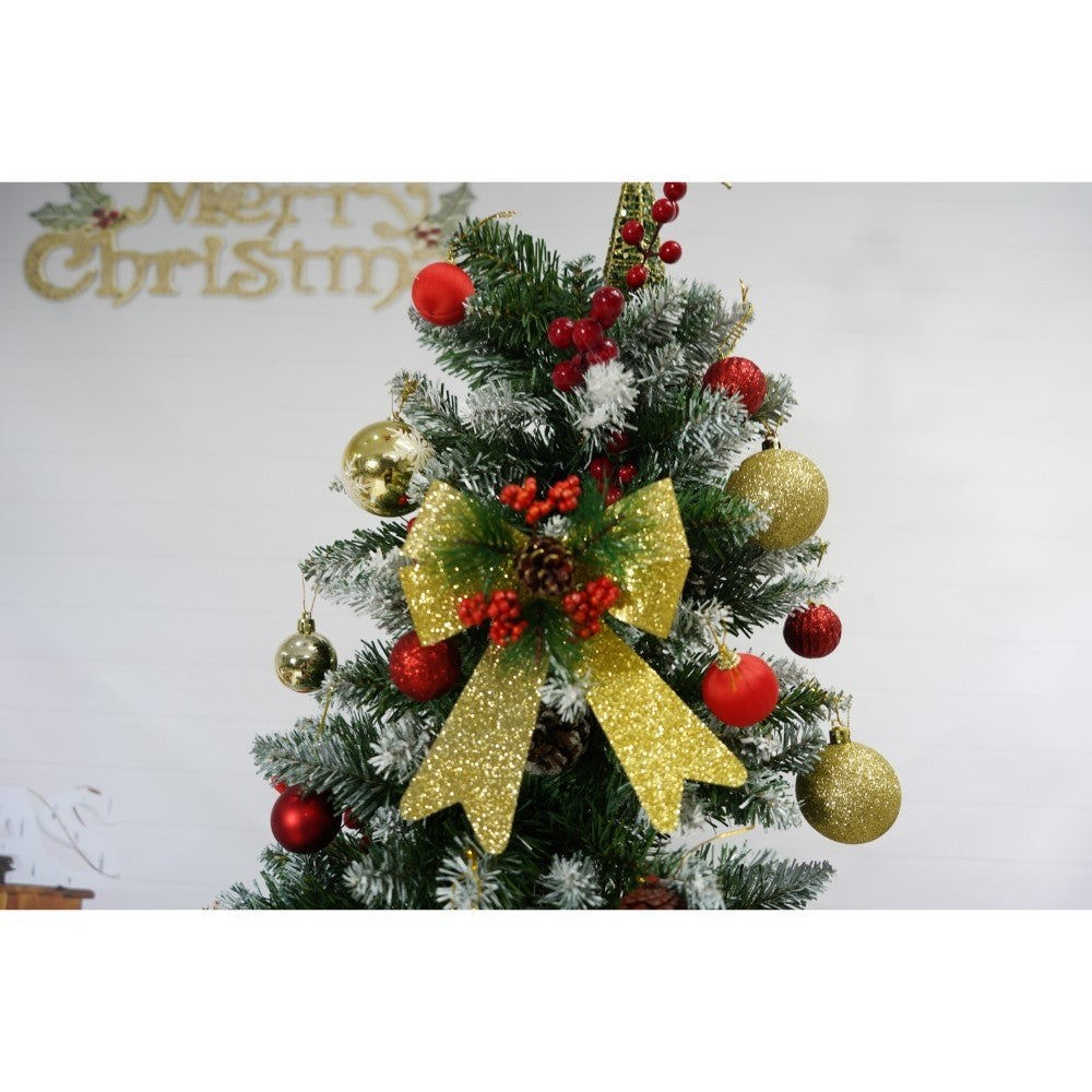 Brad Artificial De Craciun Nins, Decorat Cu Conuri De Pin Rosii, Structura Din PVC, 643 Ramuri, Inaltime 210 cm, Diametru 106 cm, Verde, Suport Metalic Inclus