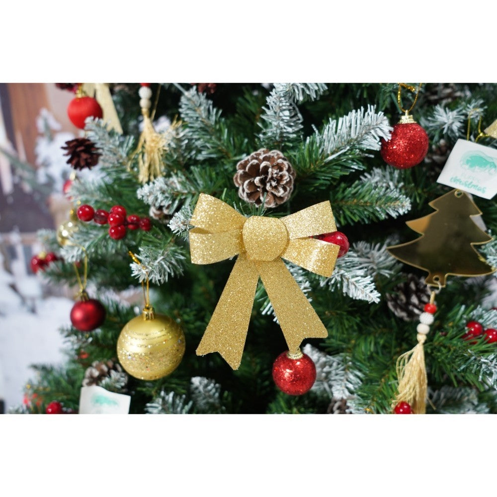 Brad Artificial De Craciun Nins, Decorat Cu Conuri De Pin Rosii, Structura Din PVC, 643 Ramuri, Inaltime 210 cm, Diametru 106 cm, Verde, Suport Metalic Inclus