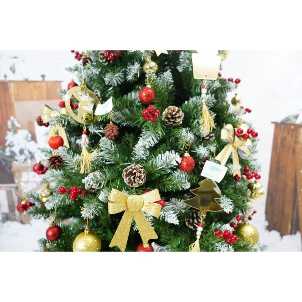 Brad Artificial De Craciun Nins, Decorat Cu Conuri De Pin Rosii, Structura Din PVC, 643 Ramuri, Inaltime 210 cm, Diametru 106 cm, Verde, Suport Metalic Inclus