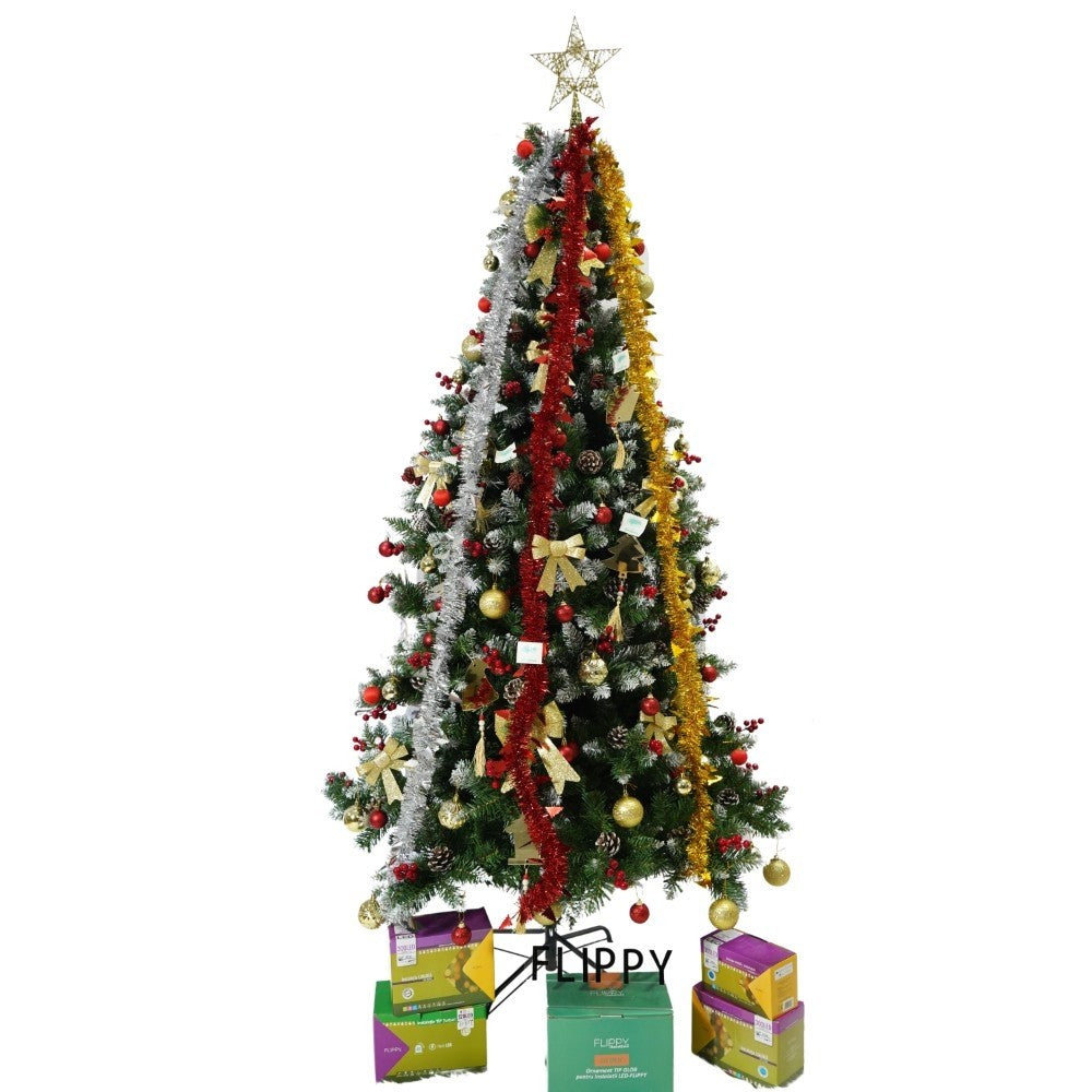 Brad Artificial de Craciun Nins, Decorat cu Conuri de Pin Rosii, Aspect Natural, 643 Ramuri, Suport Metalic Inclus, Inaltime 210 cm, Diametru 106 cm, Verde