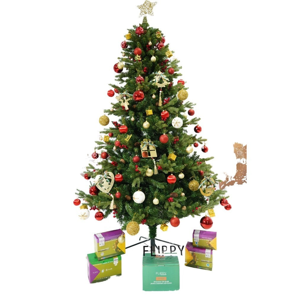 Brad Artificial De Craciun Premium Cu Conuri De Pin Rosii, Aspect Natural Bogat, 1172 Ramuri, Suport Metalic Inclus, Inaltime 210 cm, Diametru 137 cm, Verde