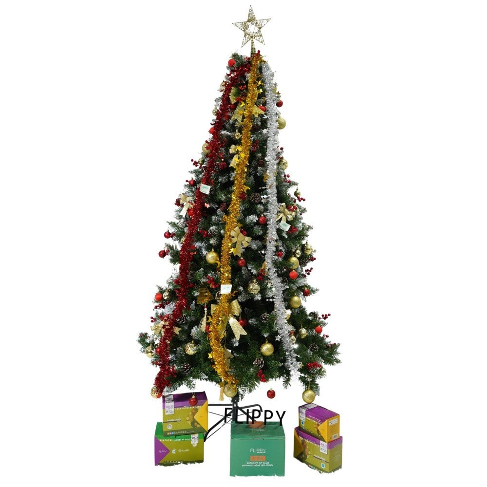 Brad Artificial de Craciun Nins, Decorat cu Conuri si Merisoare Rosii, Aspect Natural, 643 Ramuri, Suport Metalic Inclus, Inaltime 210 cm, Diametru 106 cm, Verde