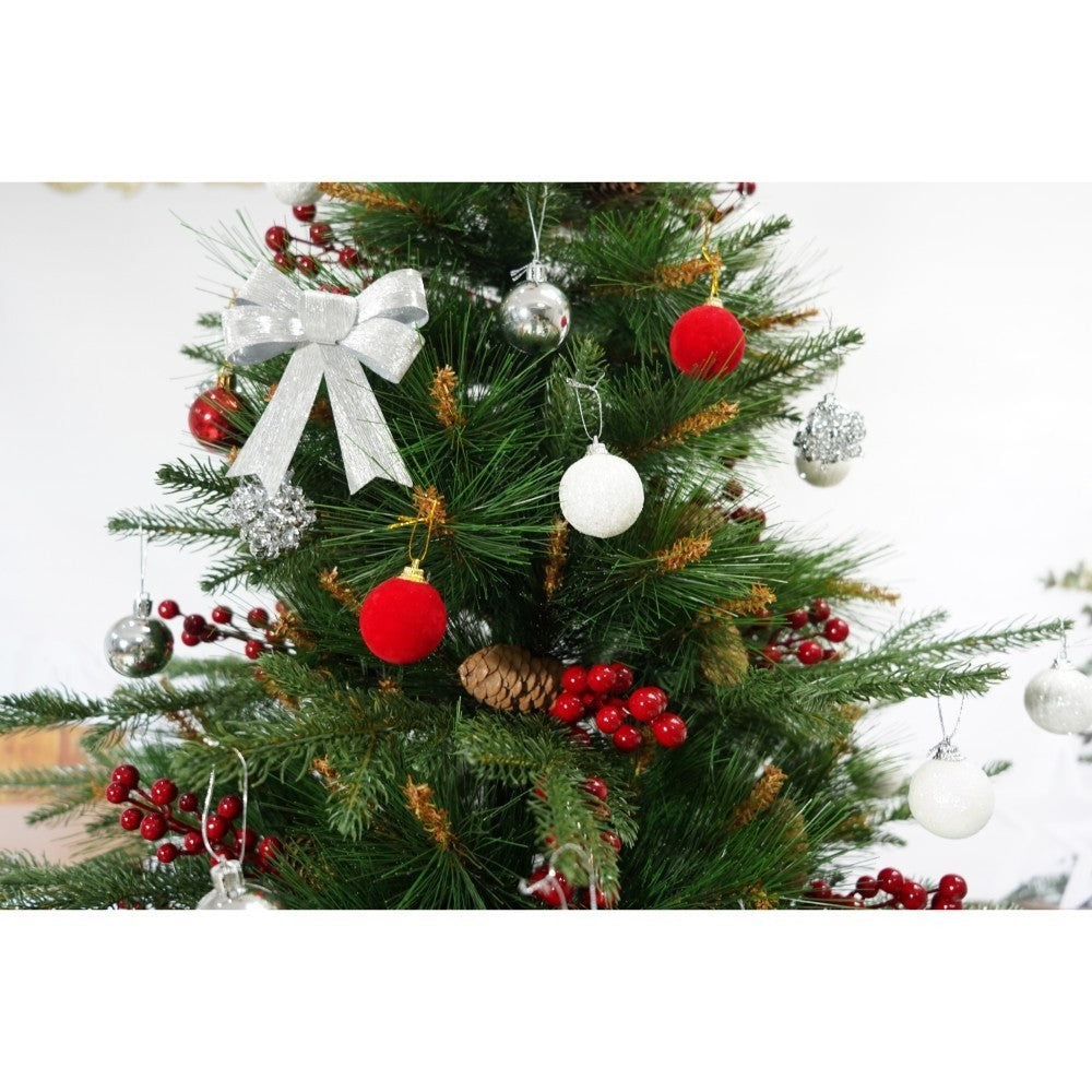 Brad Artificial de Crăciun Premium, Decorat cu Conuri de Pin Roșii, Aspect Natural, 767 Ramuri, Suport Metalic Inclus, Verde, Înălțime 210 cm, Diametru 142 cm