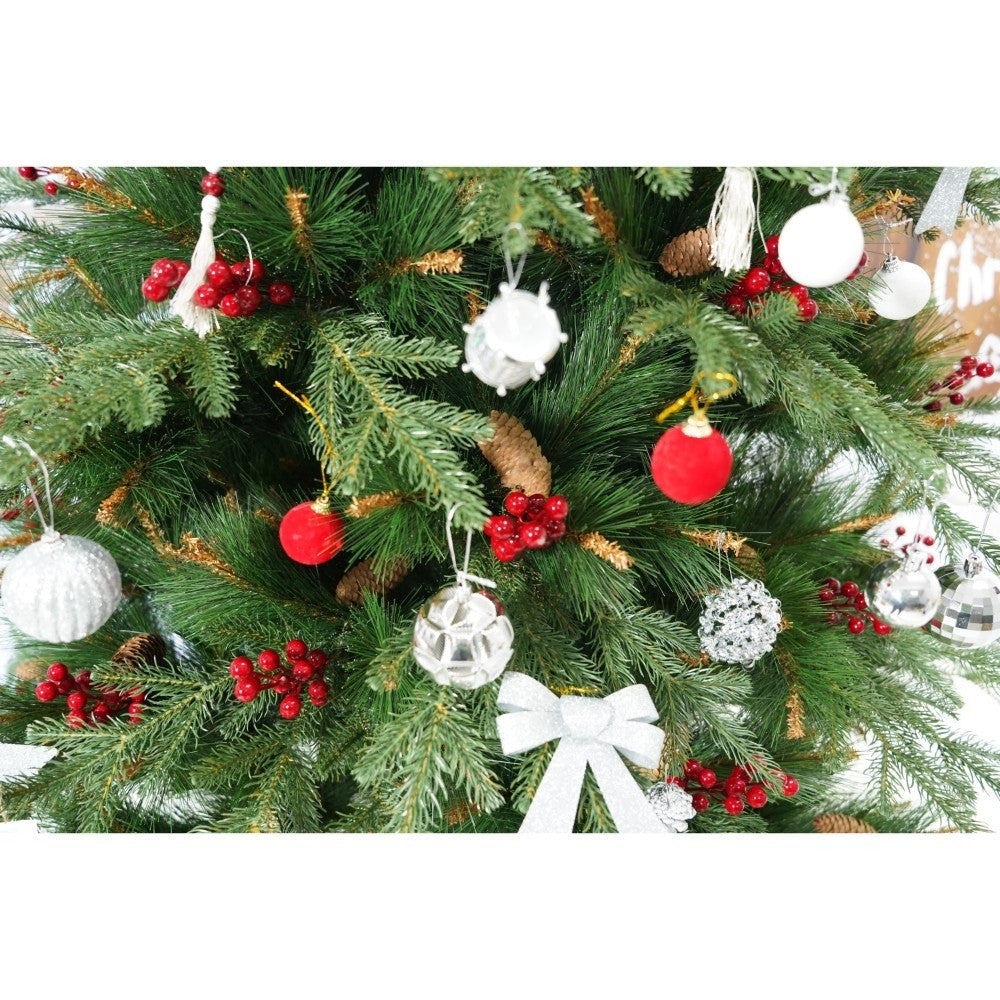 Brad Artificial de Crăciun Premium, Decorat cu Conuri de Pin Roșii, Aspect Natural, 767 Ramuri, Suport Metalic Inclus, Verde, Înălțime 210 cm, Diametru 142 cm