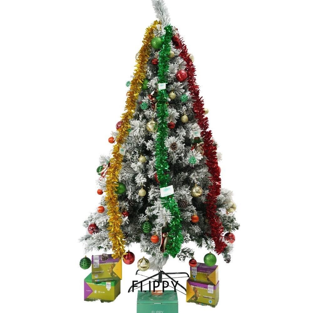 Brad Artificial de Craciun Nins, Decorat cu Conuri de Pin, Aspect Natural cu 630 Ramuri, Interior si Exterior, Suport Metalic Inclus, Inaltime 210 cm, Diametru 131 cm, Alb si Verde