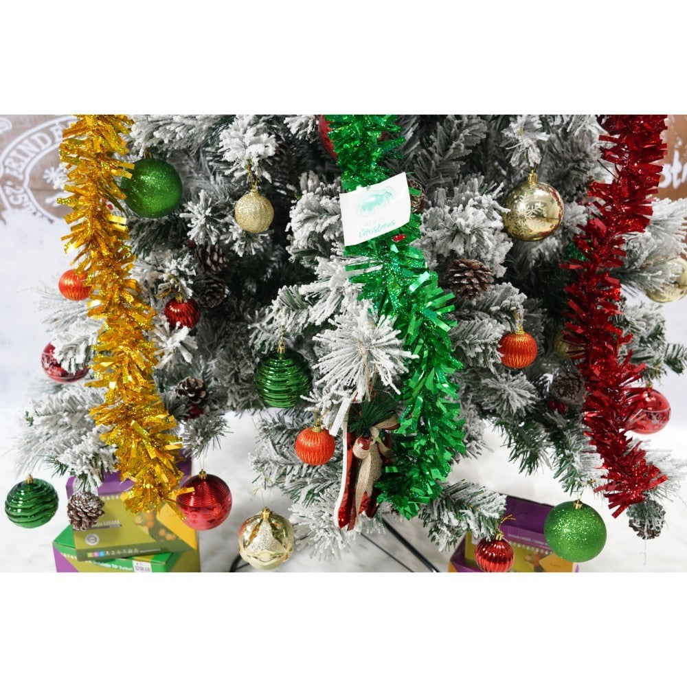 Brad Artificial de Craciun Nins, Decorat cu Conuri de Pin, Aspect Natural cu 630 Ramuri, Interior si Exterior, Suport Metalic Inclus, Inaltime 210 cm, Diametru 131 cm, Alb si Verde
