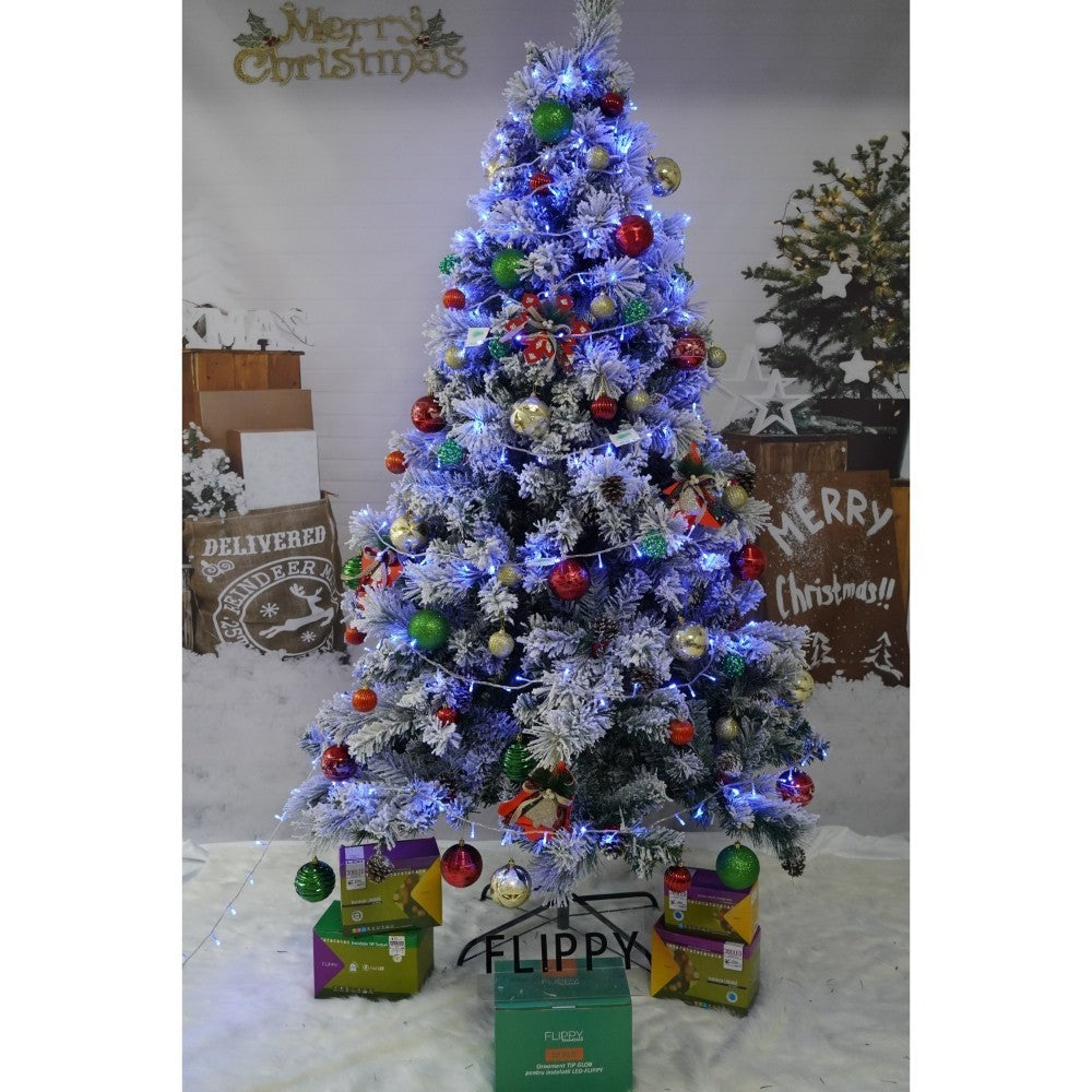 Brad Artificial De Crăciun Nins, Decorat Cu Conuri De Pin, Aspect Natural, Set Complet Cu Suport Metalic, Interior Și Exterior, 630 Ramuri, Înălțime 210 cm, Diametru 131 cm, Alb Și Verde