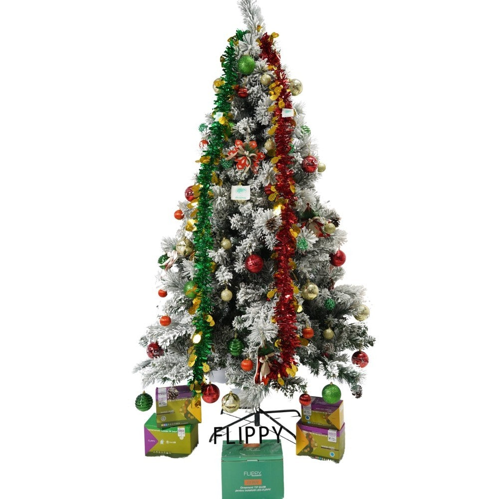 Brad Artificial de Craciun Nins cu Conuri de Pin, Aspect Natural cu 630 Ramuri, Suport Metalic Inclus, Interior si Exterior, Inaltime 210 cm, Diametru 131 cm, Alb si Verde