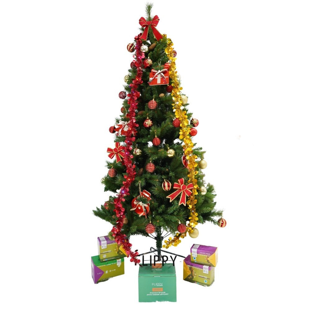 Brad Artificial de Craciun Decorat cu Conuri de Pin, Premium Aspect Natural, Interior si Exterior, Suport Metalic Inclus, 1057 Ramuri, Inaltime 210 cm, Verde