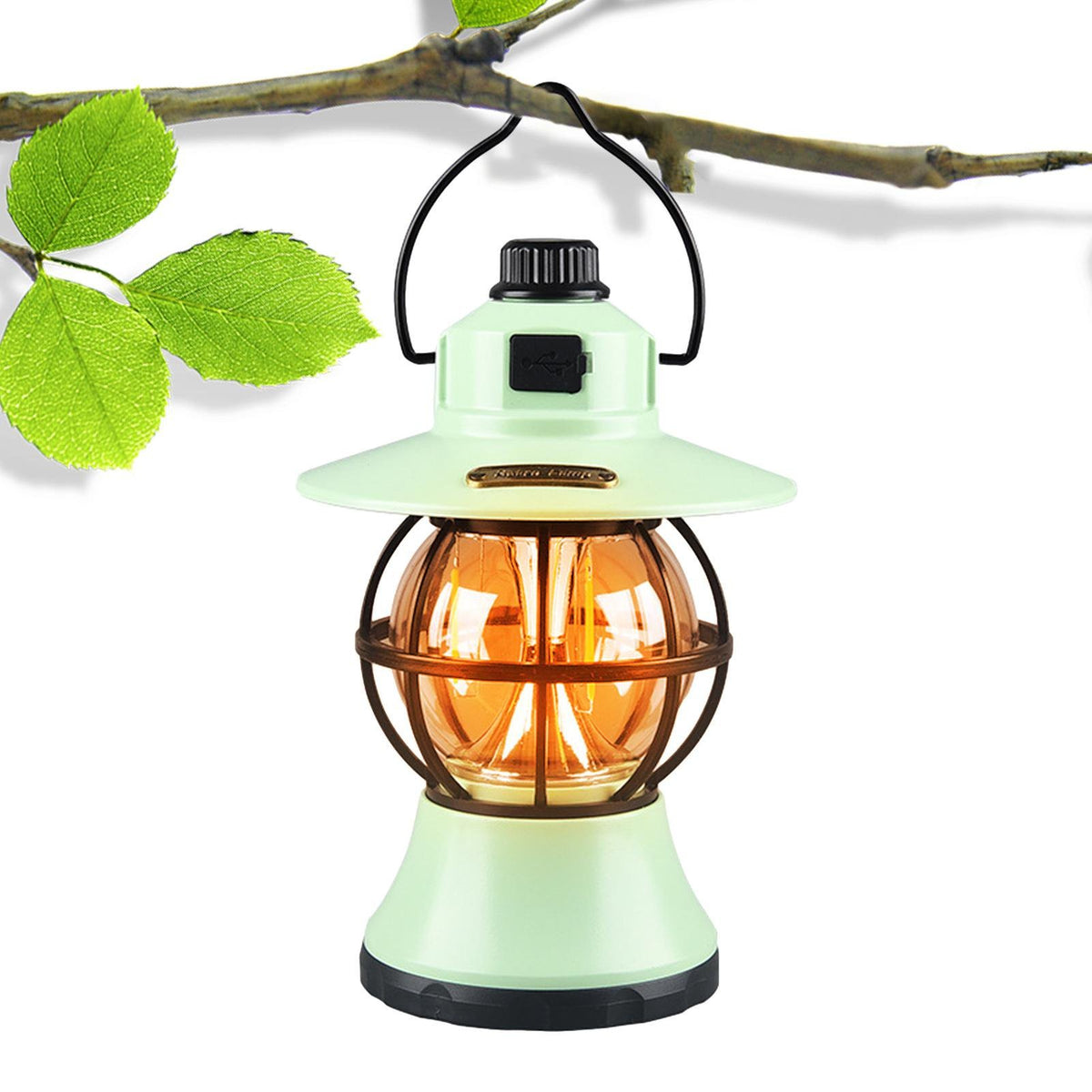 Lampă De Camping Retro, Felinar Vintage LED Cu Acumulator 1200 mAh, Reîncărcabilă USB, 3 Moduri Lumină, Intensitate Reglabilă, Rezistentă La Apă, ABS Și Metal, Verde Mint