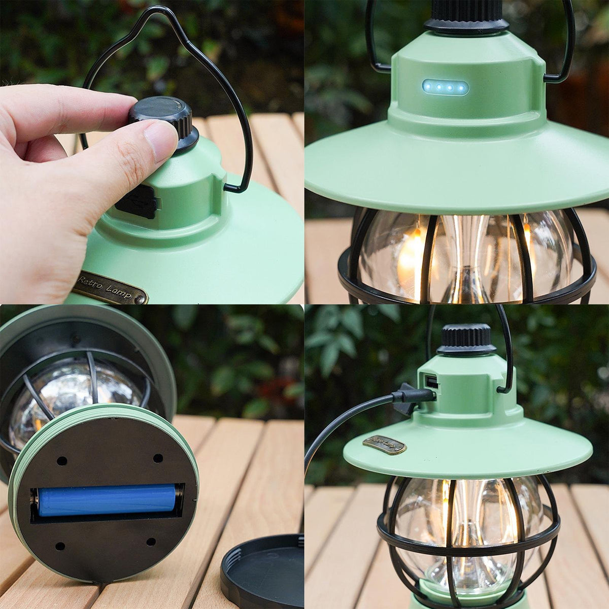 Lampă De Camping Retro, Felinar Vintage LED Cu Acumulator 1200 mAh, Reîncărcabilă USB, 3 Moduri Lumină, Intensitate Reglabilă, Rezistentă La Apă, ABS Și Metal, Verde Mint