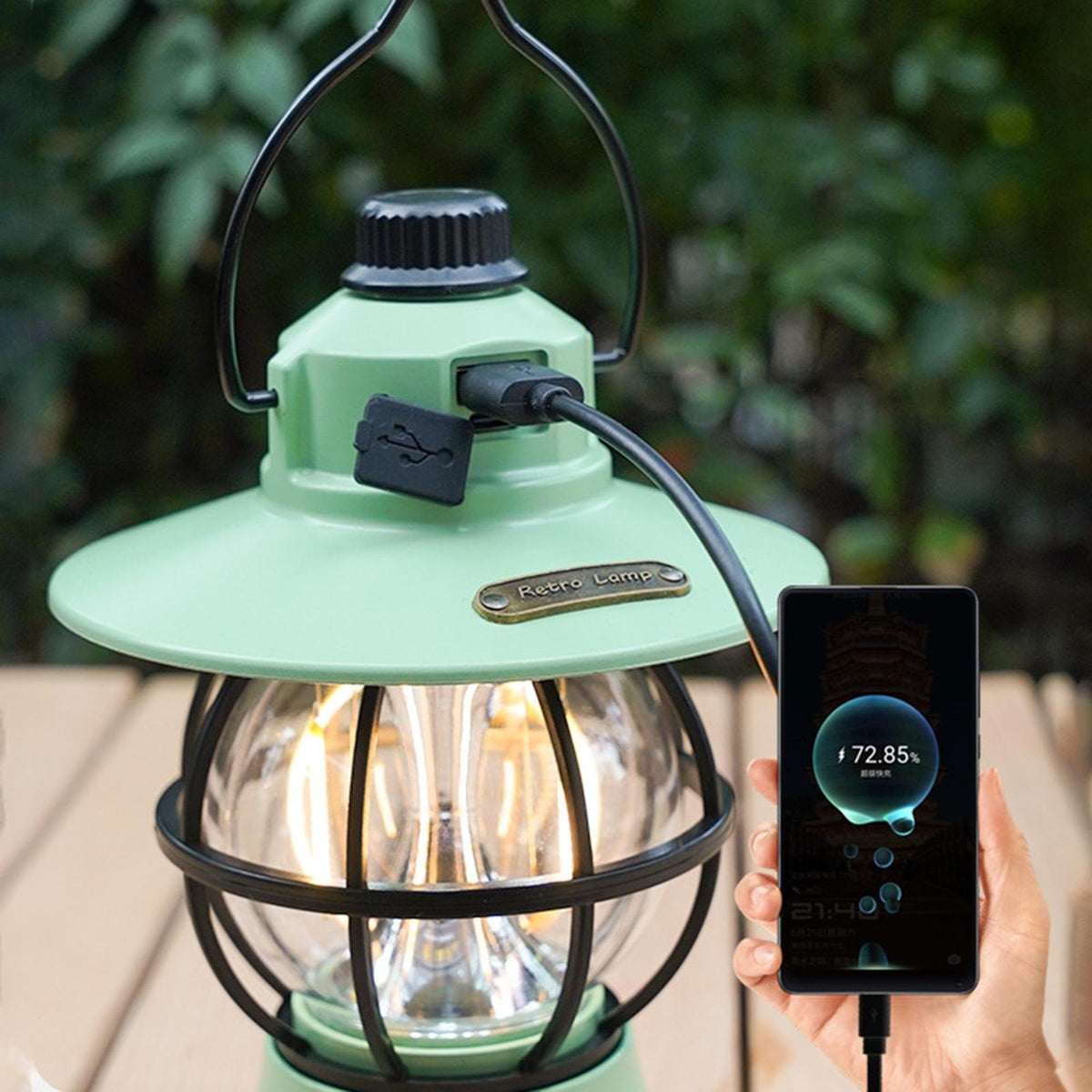 Lampă De Camping Retro, Felinar Vintage LED Cu Acumulator 1200 mAh, Reîncărcabilă USB, 3 Moduri Lumină, Intensitate Reglabilă, Rezistentă La Apă, ABS Și Metal, Verde Mint