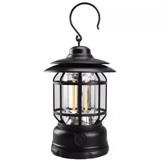 Lampa Portabila Camping, Felinar Vintage cu Carlig, Iluminare 360 Grade, 21 COB LED, Intensitate Reglabila, ABS, 5W, Negru