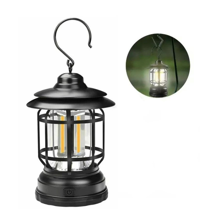 Lampa Portabila Camping, Felinar Vintage cu Carlig, Iluminare 360 Grade, 21 COB LED, Intensitate Reglabila, ABS, 5W, Negru