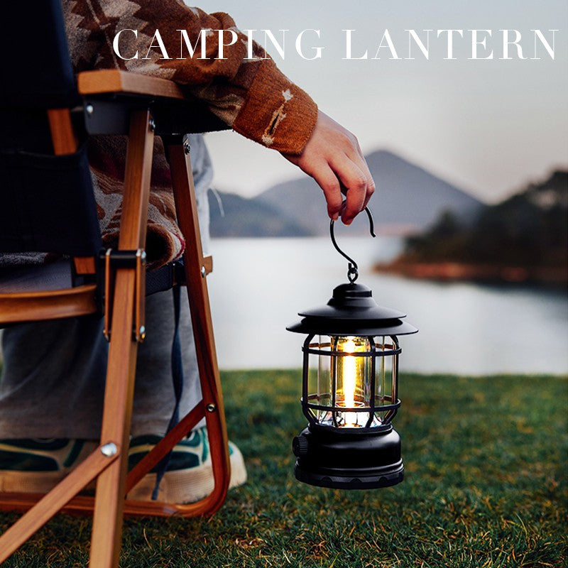 Lampa Portabila Camping, Felinar Vintage cu Carlig, Iluminare 360 Grade, 21 COB LED, Intensitate Reglabila, ABS, 5W, Negru