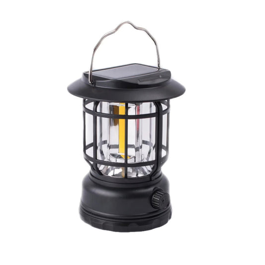 Lampa Portabila Camping si Felinar Vintage, Iluminare 30 COB LED 360 Grade, Intensitate Reglabila, Incarcare Solara si USB Type-C, Acumulator 1200mAh, ABS, 11.5x11.5x15cm, Negru