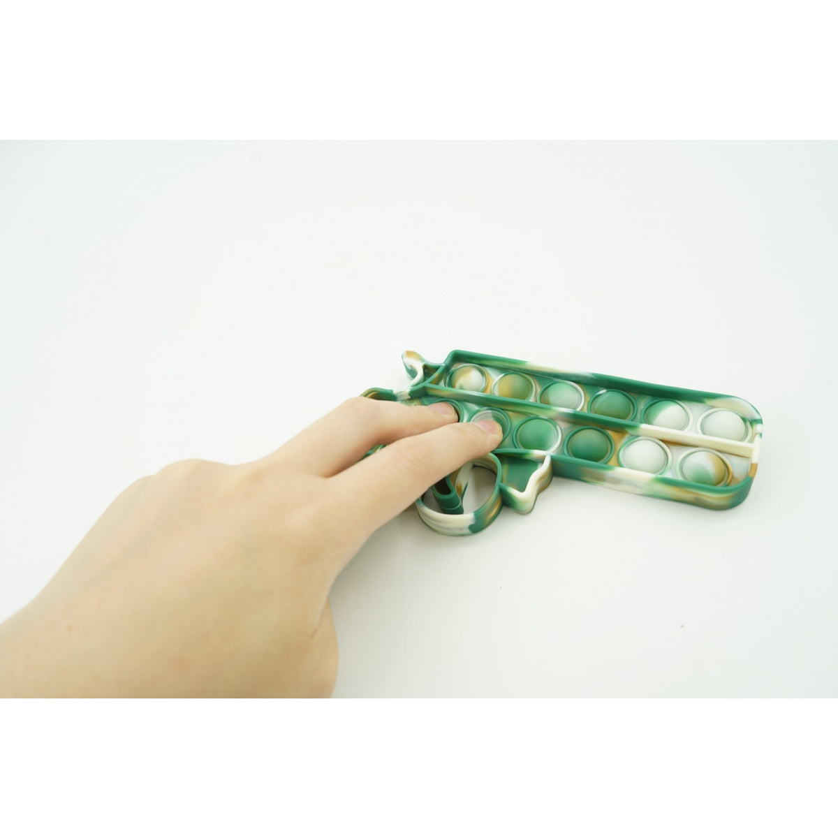Jucarie Antistres Pop It Now and Flip It, Model Pistol, Silicon Flexibil, Alb/Verde