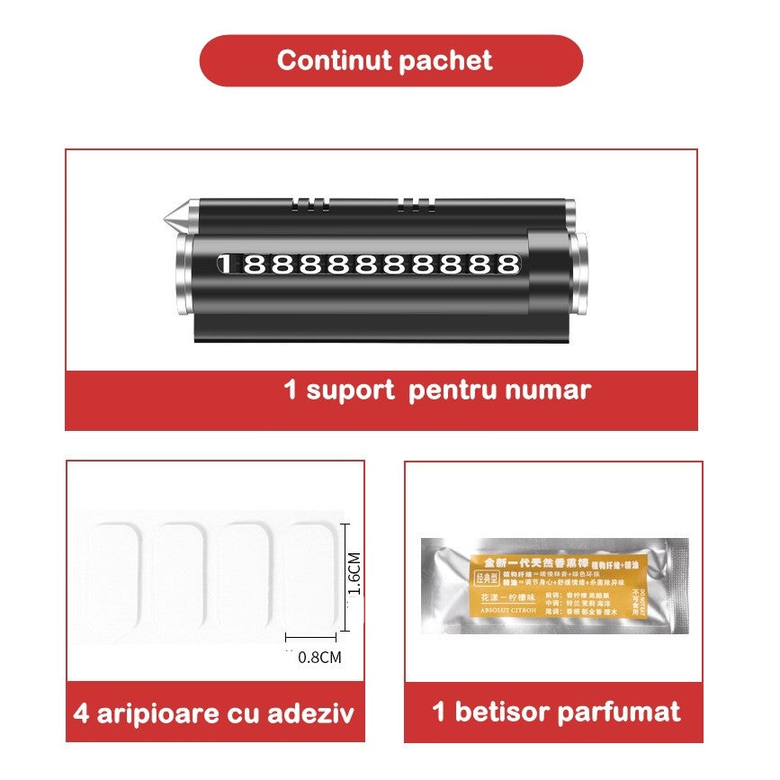 Suport Numar Telefon Auto Pentru Parcare Temporara, Odorizant Si Ciocan Urgenta Spargere Geam, Functie Suport Telefon Bord, Plastic ABS Rezistent, Negru