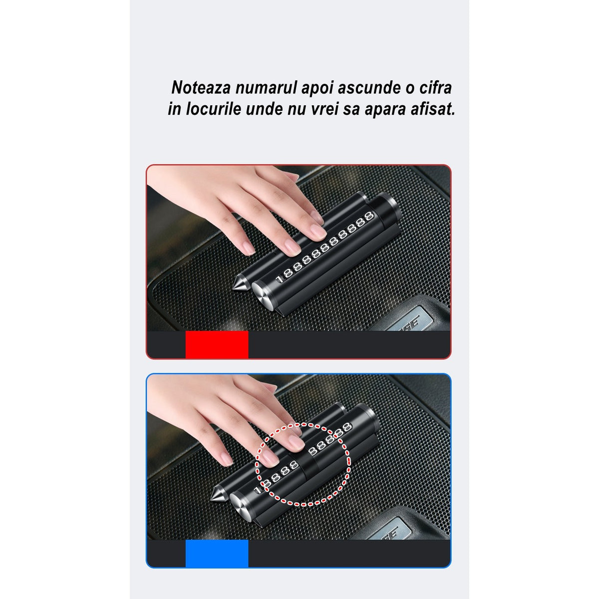 Suport Numar Telefon Auto Pentru Parcare Temporara, Odorizant Si Ciocan Urgenta Spargere Geam, Functie Suport Telefon Bord, Plastic ABS Rezistent, Negru