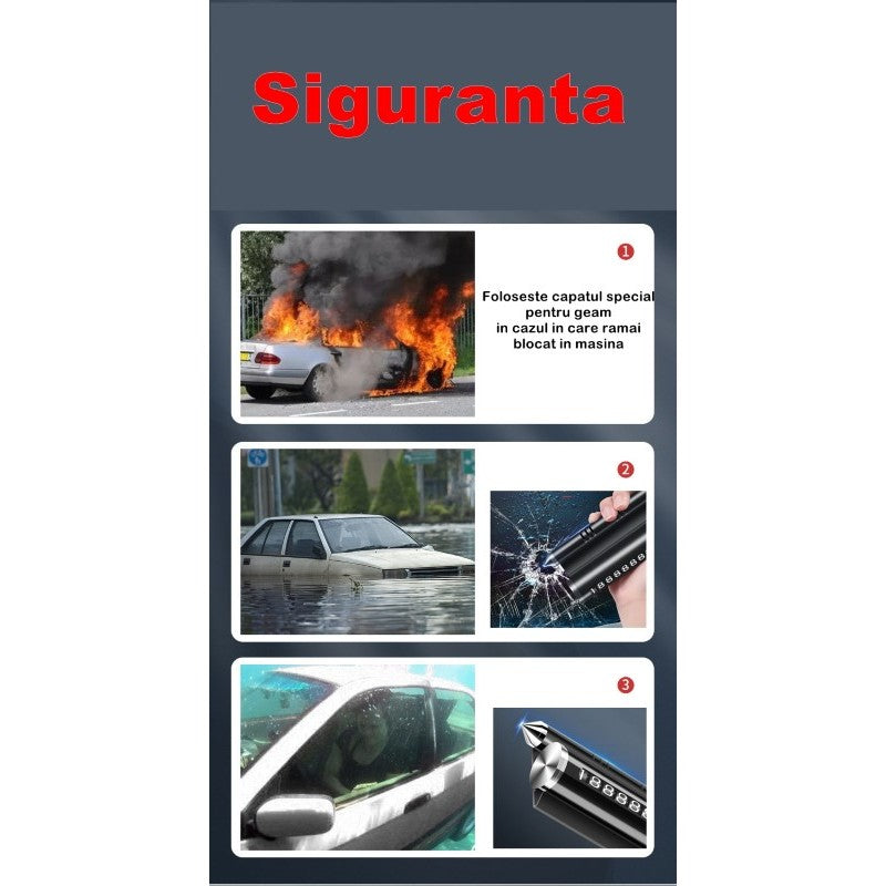 Suport Numar de Telefon Auto pentru Parcare Temporara, Afisaj Rotativ, Odorizant Inclus, Functie Ciocan Urgenta, Fixare Bord cu Adeziv, Gri