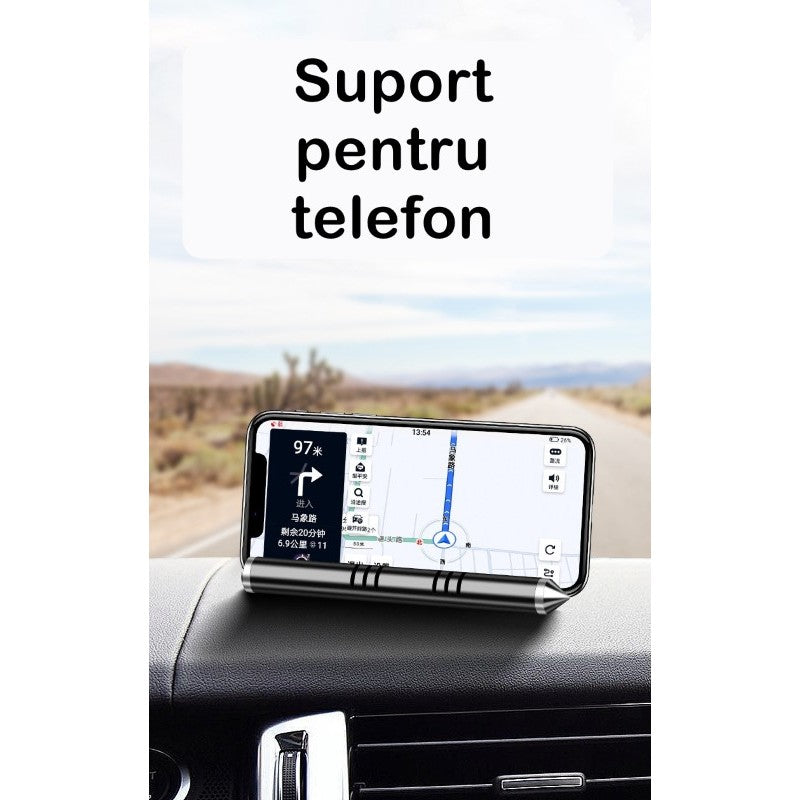 Suport Numar de Telefon Auto pentru Parcare Temporara, Afisaj Rotativ, Odorizant Inclus, Functie Ciocan Urgenta, Fixare Bord cu Adeziv, Gri