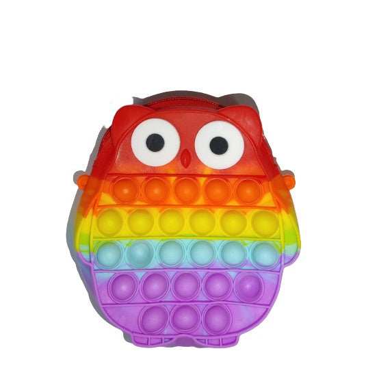 Geanta Antistres Pop It pentru Copii, Jucarie Senzoriala din Silicon, Model Bufnita, Compartiment cu Fermoar, Bareta Ajustabila, Multicolor