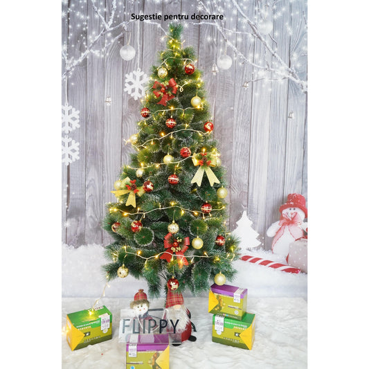 Brad Artificial De Crăciun Tip Pin Înzăpezit, Ace 3D Realiste, 350 Ramuri, Suport Metalic Inclus, Verde Cu Vârfuri Ninse, Înălțime 210 cm, Diametru 115 cm