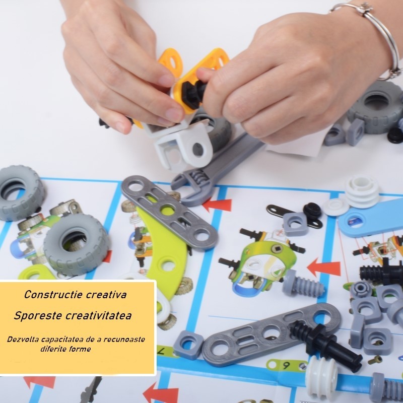 Set de Constructie Masini si Vehicule, Joc Educativ STEM de Inginerie DIY, Model 5 in 1 cu Elicopter si Avion, Material Plastic Rezistent, 132 Piese