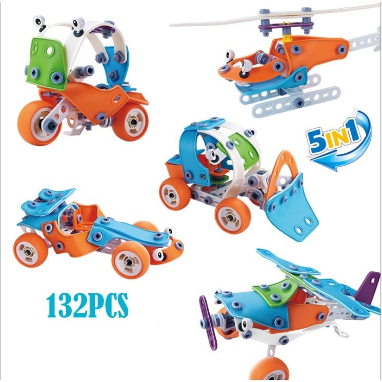 Set de Constructie Masini si Vehicule, Joc Educativ STEM de Inginerie DIY, Model 5 in 1 cu Elicopter si Avion, Material Plastic Rezistent, 132 Piese