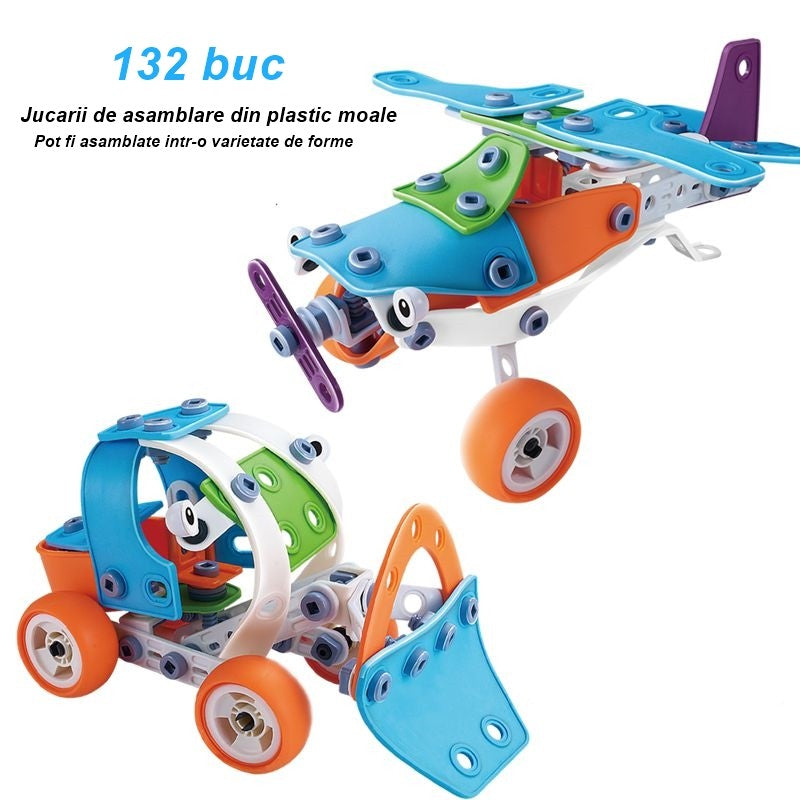 Set de Constructie Masini si Vehicule, Joc Educativ STEM de Inginerie DIY, Model 5 in 1 cu Elicopter si Avion, Material Plastic Rezistent, 132 Piese